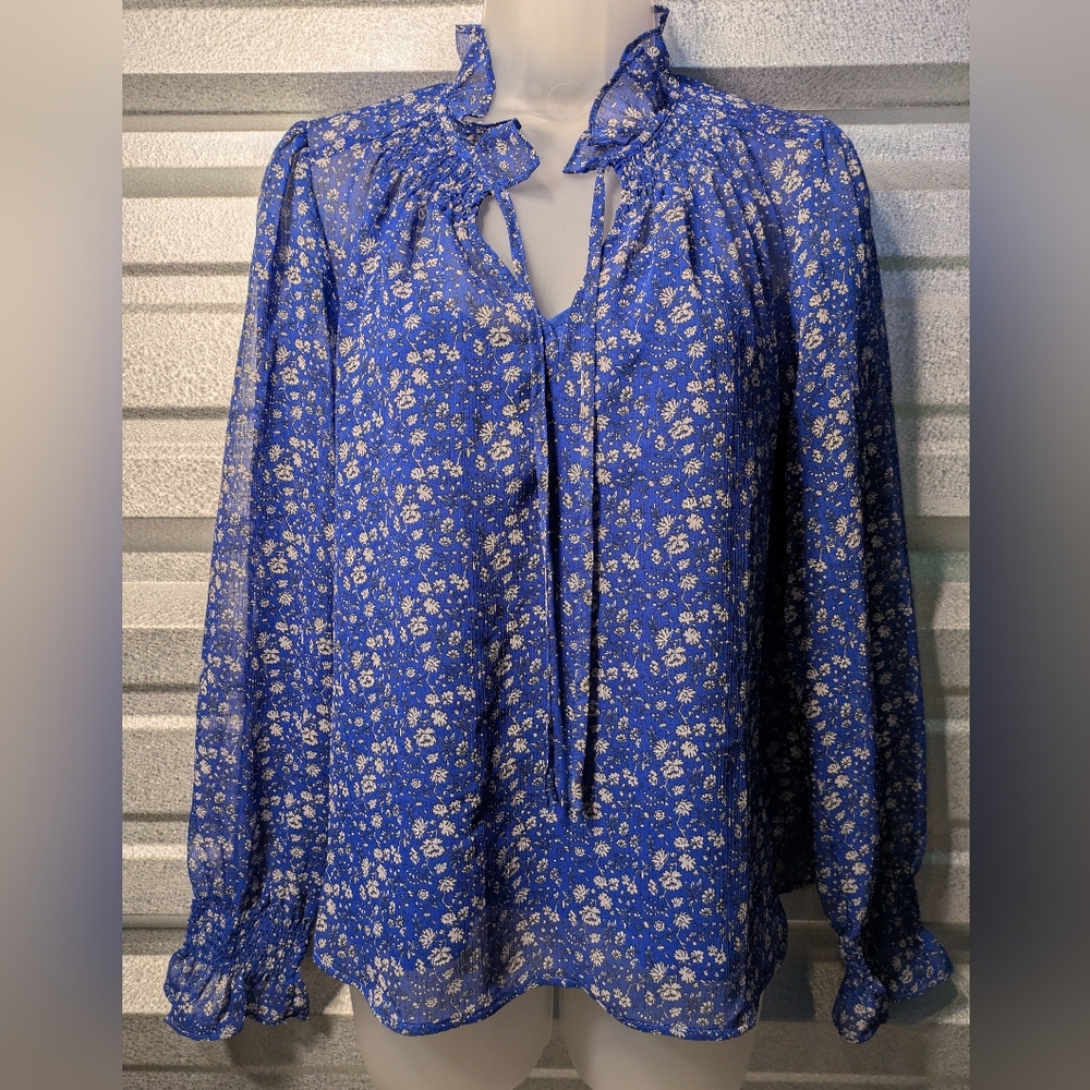 LOFT Royal Blue Floral Blouse with Tie Neck